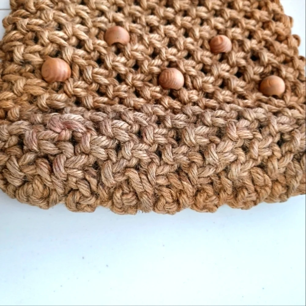Vintage Boho Macrame Beaded Natural Wood Handbag